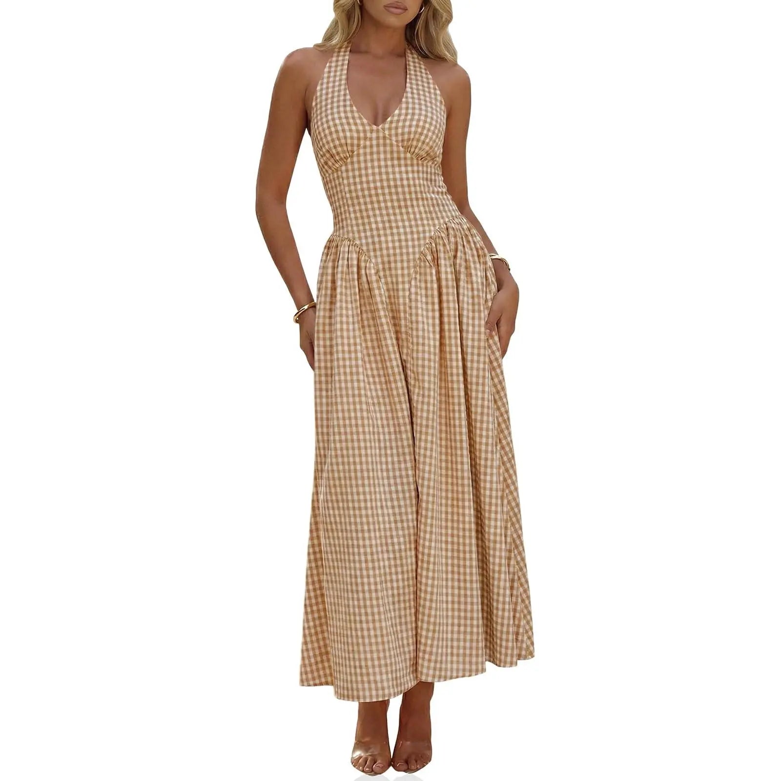 Wenrine Womens Halter V Neck Corset Maxi Dresses Summer Plaid Smocked Tie Back Backless Wedding Guest Drop Waist Dress