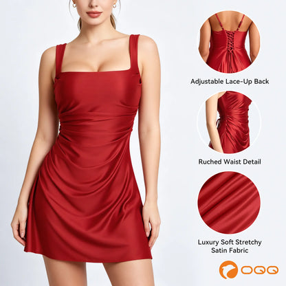 Oqqfitness Elegant Square Neck Adjustable Strap Sleeveless Ruched Bodycon Mini Dress