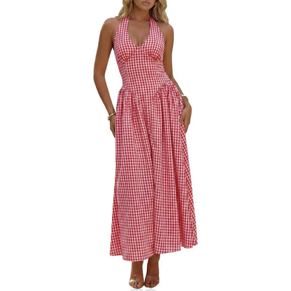 Wenrine Womens Halter V Neck Corset Maxi Dresses Summer Plaid Smocked Tie Back Backless Wedding Guest Drop Waist Dress