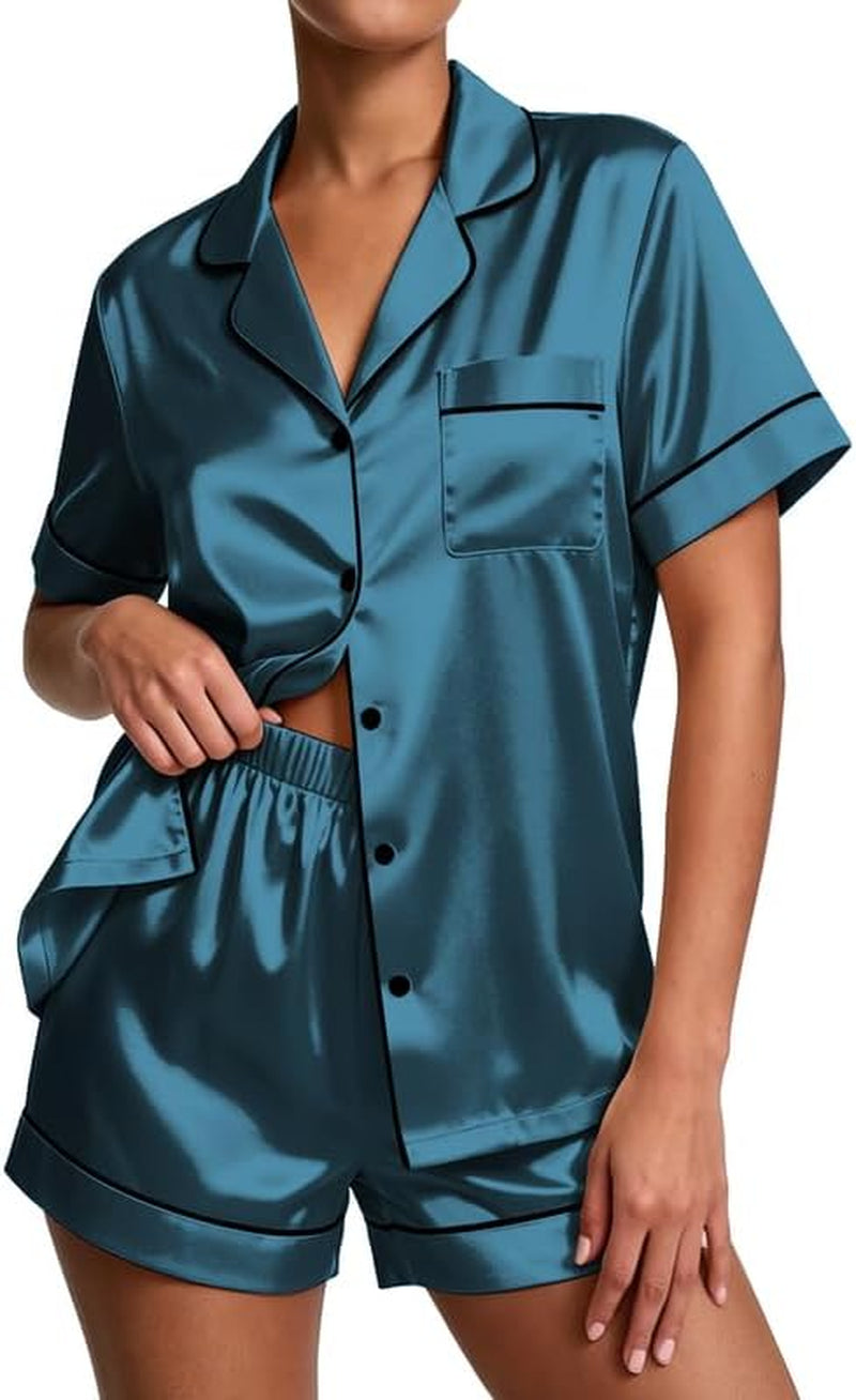 Pajamas for Women Set Silk Satin Pjs Button down Sleepwear Summer Loungewear Top and Shorts Lounge 