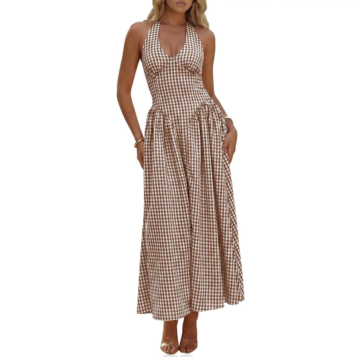 Wenrine Womens Halter V Neck Corset Maxi Dresses Summer Plaid Smocked Tie Back Backless Wedding Guest Drop Waist Dress