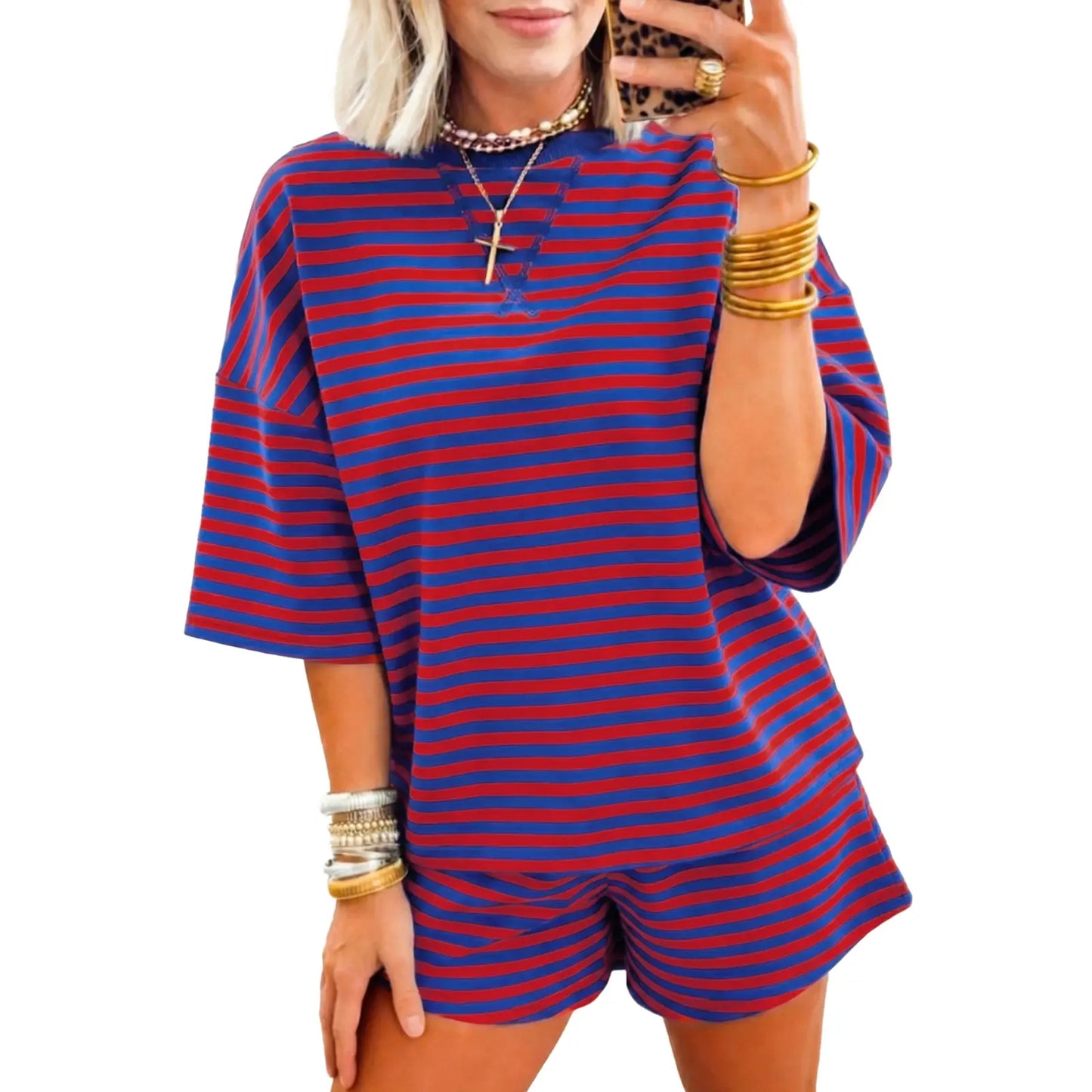 Asvivid Women's Striped Ribbed Cotton Two-Piece Summer Set with Chest Patch Detail - Casual and Breathable Fashion Top and Shorts