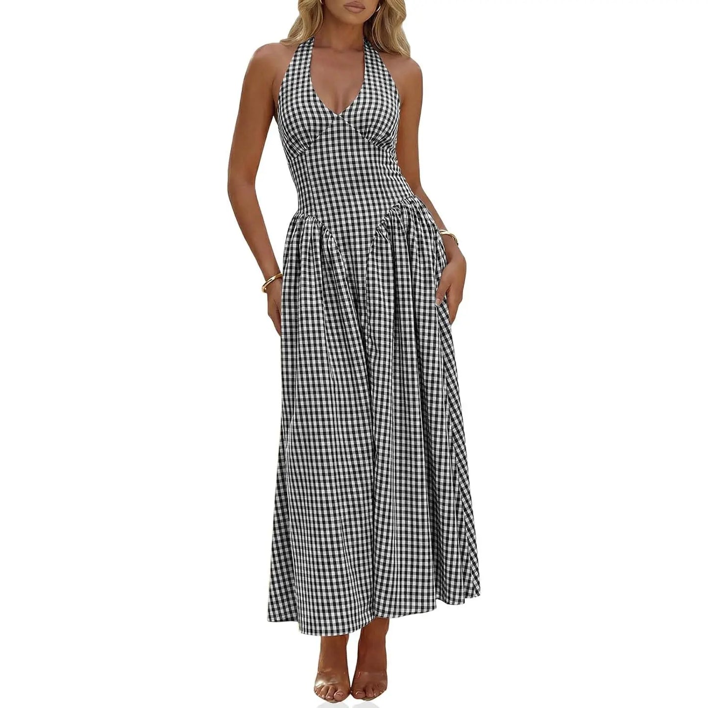 Wenrine Womens Halter V Neck Corset Maxi Dresses Summer Plaid Smocked Tie Back Backless Wedding Guest Drop Waist Dress