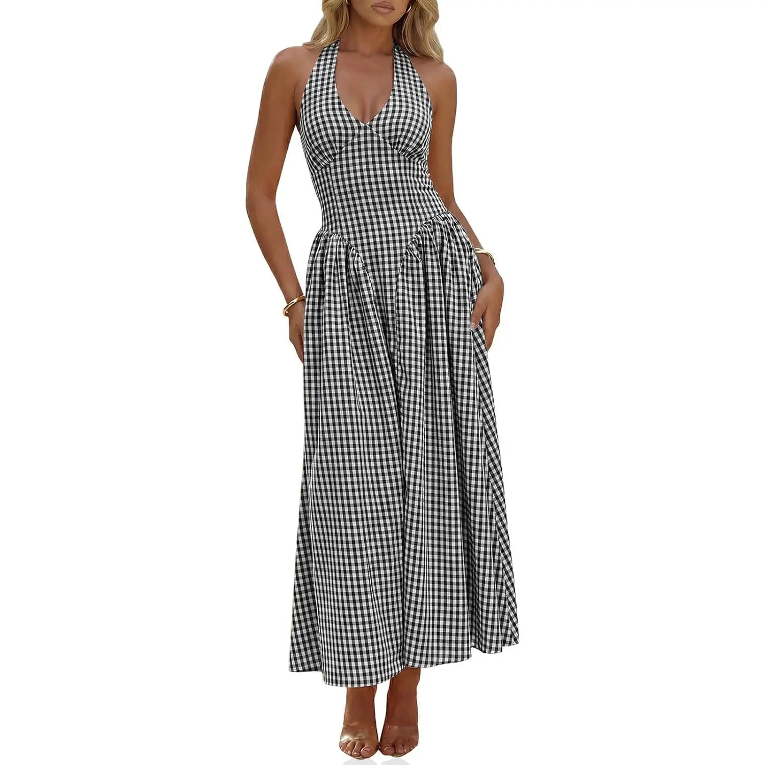Wenrine Womens Halter V Neck Corset Maxi Dresses Summer Plaid Smocked Tie Back Backless Wedding Guest Drop Waist Dress