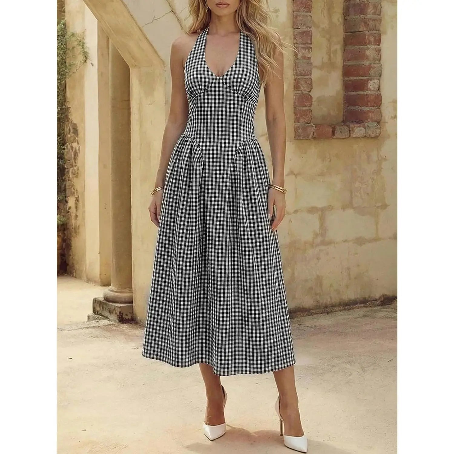 Wenrine Womens Halter V Neck Corset Maxi Dresses Summer Plaid Smocked Tie Back Backless Wedding Guest Drop Waist Dress