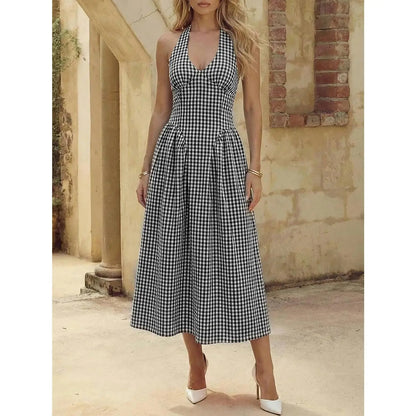 Wenrine Womens Halter V Neck Corset Maxi Dresses Summer Plaid Smocked Tie Back Backless Wedding Guest Drop Waist Dress
