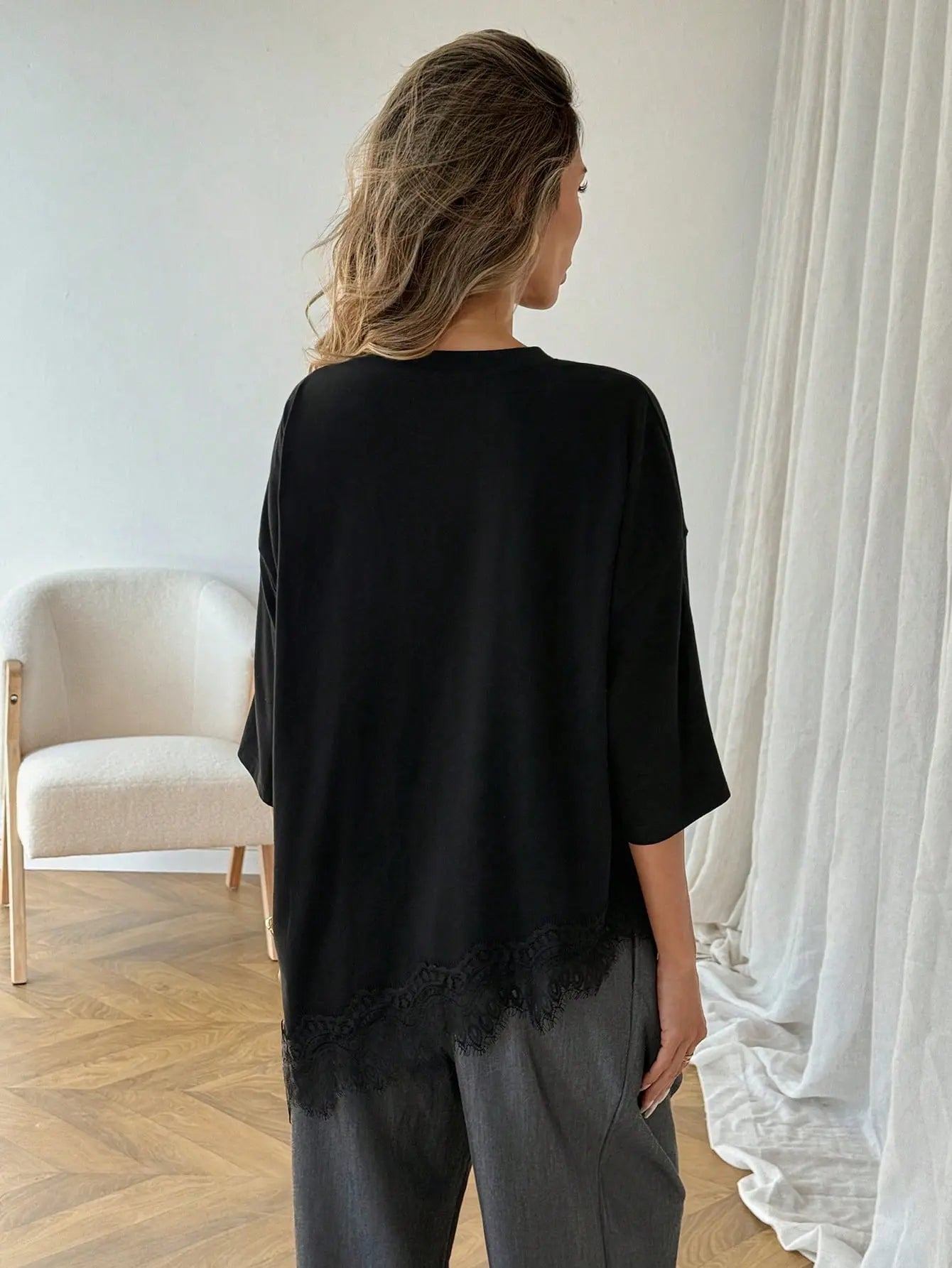 Elengatine Women'S Minimalist Lightweight Breathable Cotton Tunic Tee - Short Sleeve, round Neck, Stretchy Fabric, Soft Loose Fit, Feminine Lace Hem, Basic Streetwear Piece for Daily & Lounge Wear
