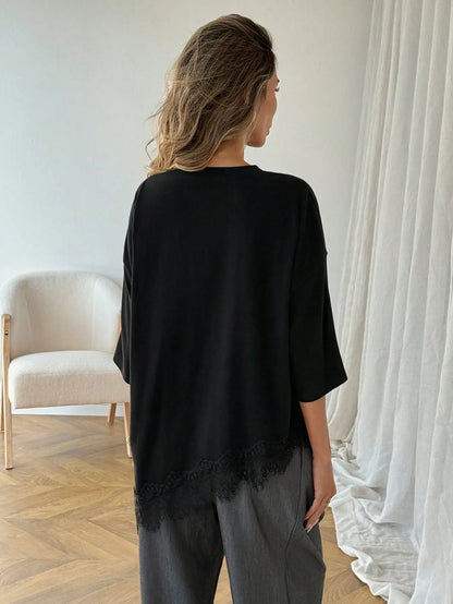 Elengatine Women'S Minimalist Lightweight Breathable Cotton Tunic Tee - Short Sleeve, round Neck, Stretchy Fabric, Soft Loose Fit, Feminine Lace Hem, Basic Streetwear Piece for Daily & Lounge Wear