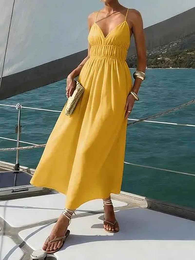 Yousify Womens Deep V Neck Maxi Dresses Sleeveless Ruched Flowy Dress Summer Casual Beach Vacation Outfits Plain Style Basic Minimalist